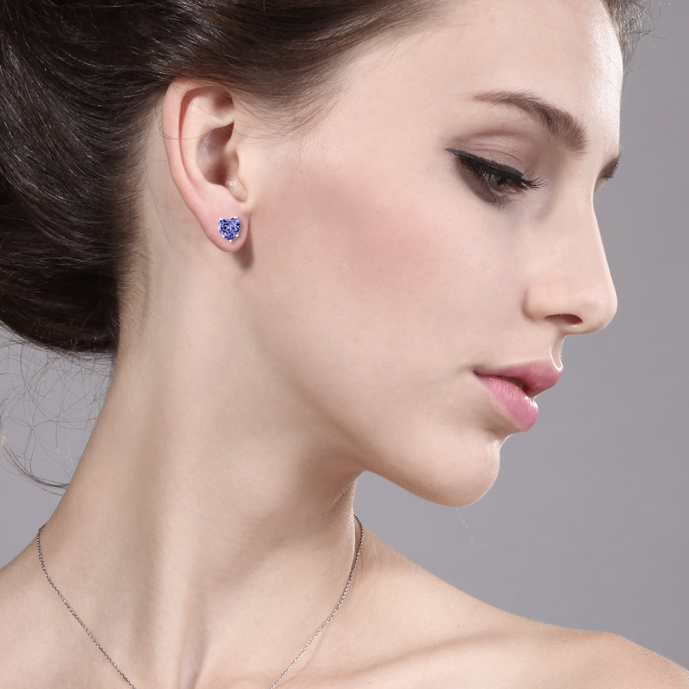 925 Sterling Silver Tanzanite Stud Earrings For Women Men (1.10 Cttw, Gemstone Birthstoneת Heart Shape 5MM)