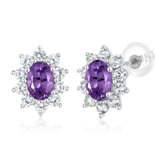 10K White Gold Oval Gemstone Birthstone and White Created Sapphire Halo Stud Earrings | Oval 6X4MM | Gold Earrings for Women