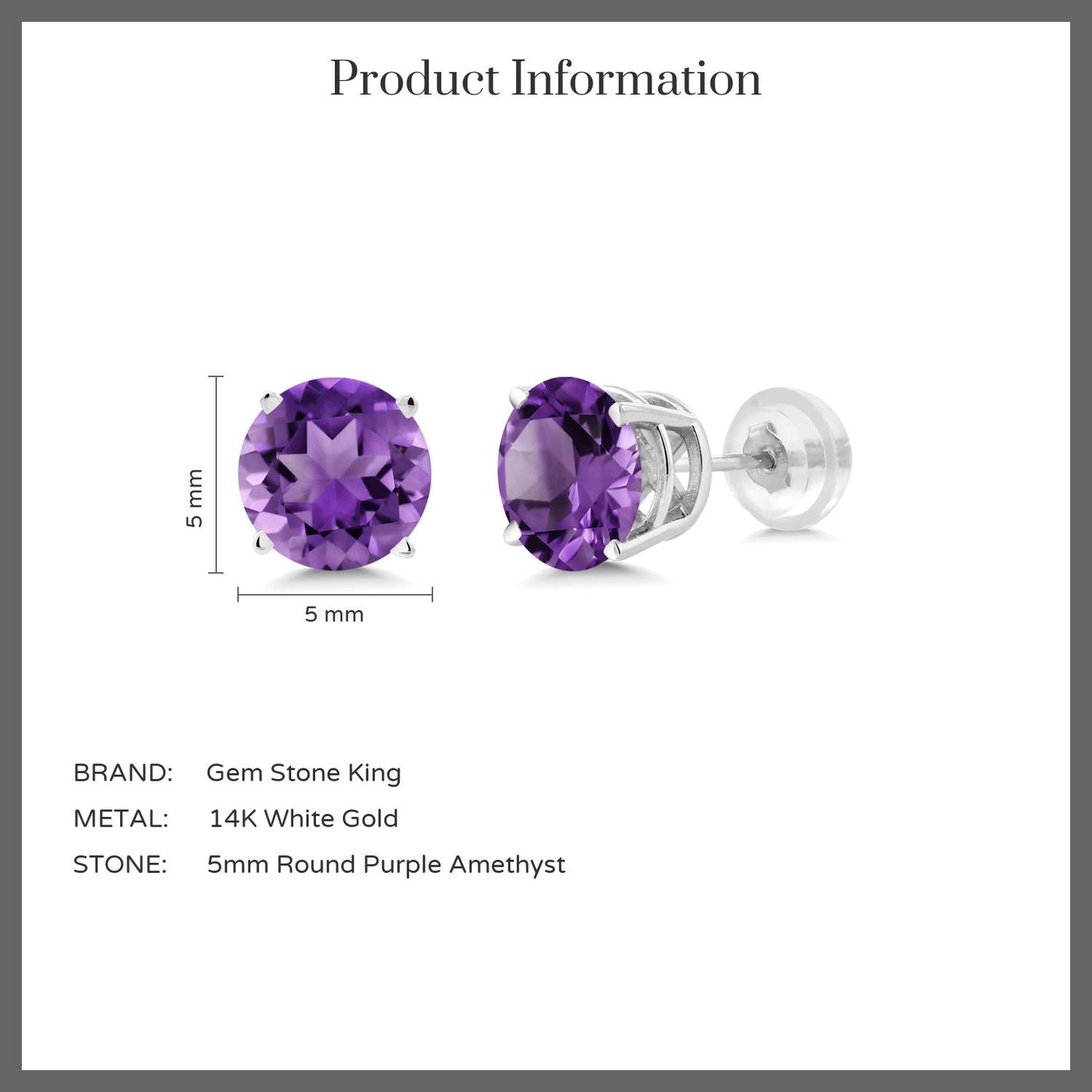 14K White Gold Round 5MM Gemstone Birthstone Stud Earrings | White Gold Earrings For Women Men