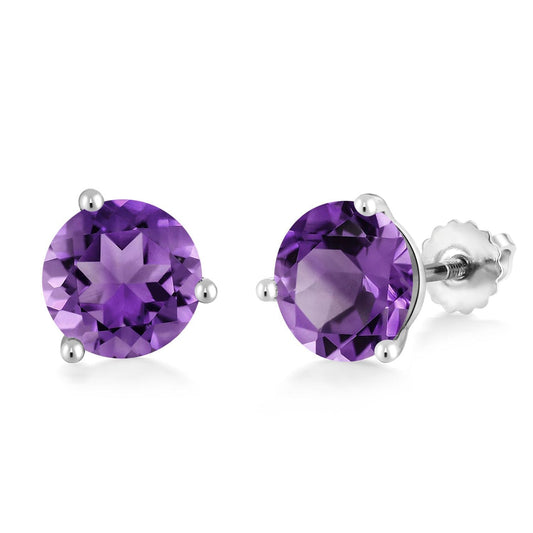14K White Gold Gemstone Birthstone Earrings | Martini Screw Back Stud Earrings | Round 8MM | White Gold Earrings For Women Men