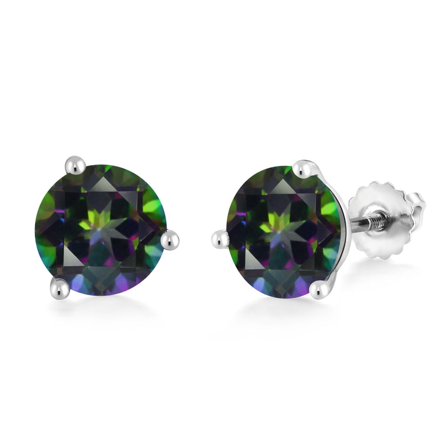 14K White Gold Gemstone Birthstone Earrings | Martini Screw Back Stud Earrings | Round 8MM | White Gold Earrings For Women Men