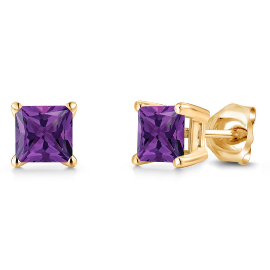 14K Yellow Gold Princess 5MM Gemstone Birthstone Stud Earrings | Double Notch | Gold Earrings For Women Men