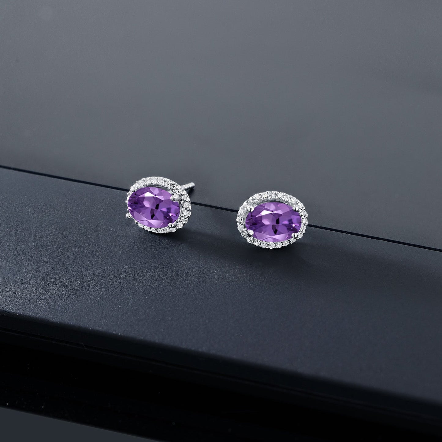 10K White Gold 7X5MM Oval Gemstone Birthstone and White Diamond Halo Earrings | White Gold Earrings for Women