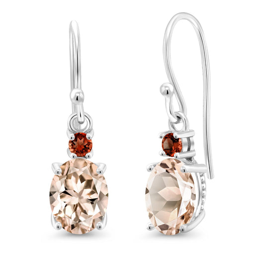 10K White Gold Gemstone Birthstone and Garnet Dangle Earrings For Women | Oval 8X6MM and Round 2.5MM | Elegant Drop Design with Classic French Wire Hooks | Fine Jewelry Earrings
