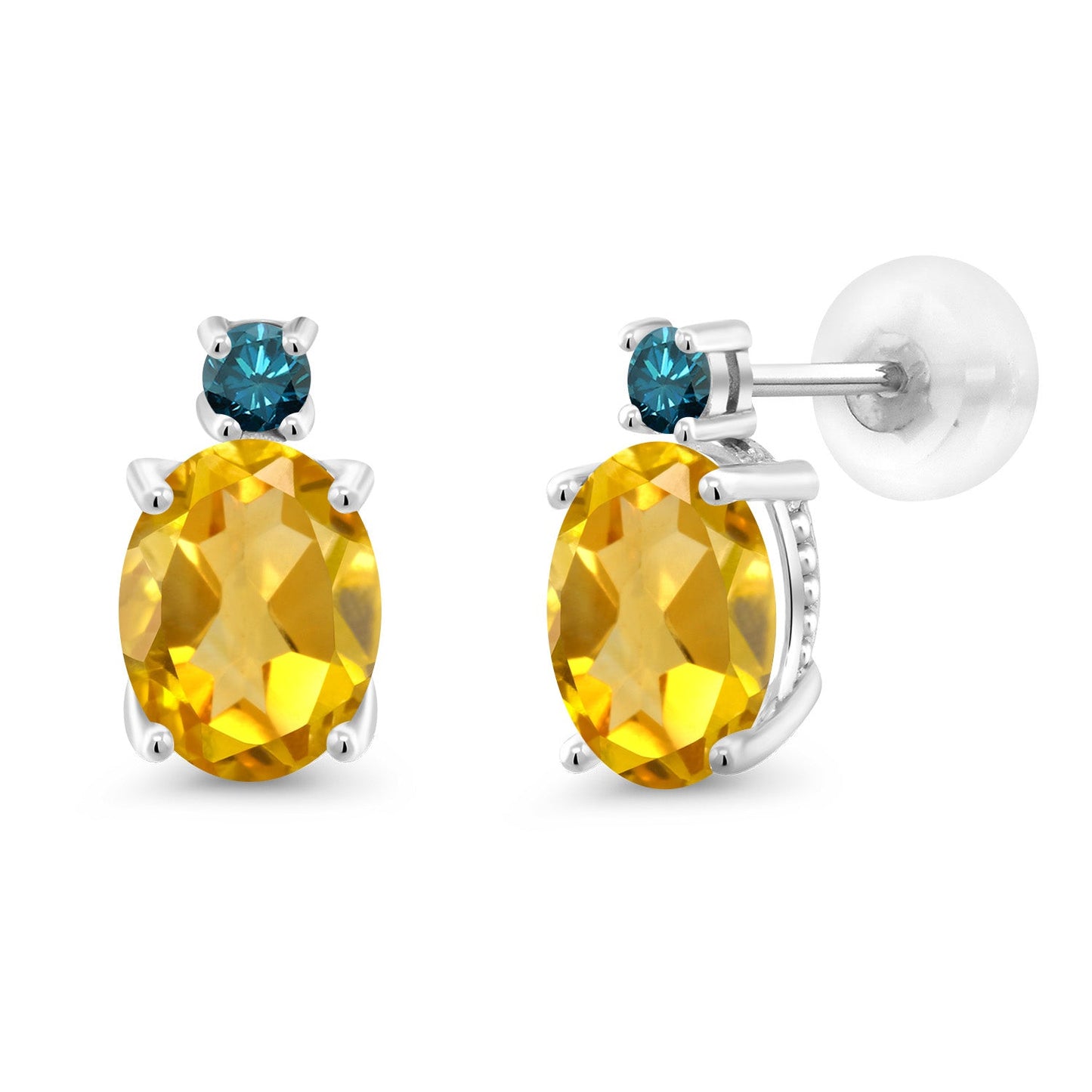 14K White Gold Gemstone Birthstone and Blue Diamond Stud Earrings For Women | Oval 8X6MM | Round 2.5MM | Elegant Two-Stone Design | Classic Fine Jewelry Earrings