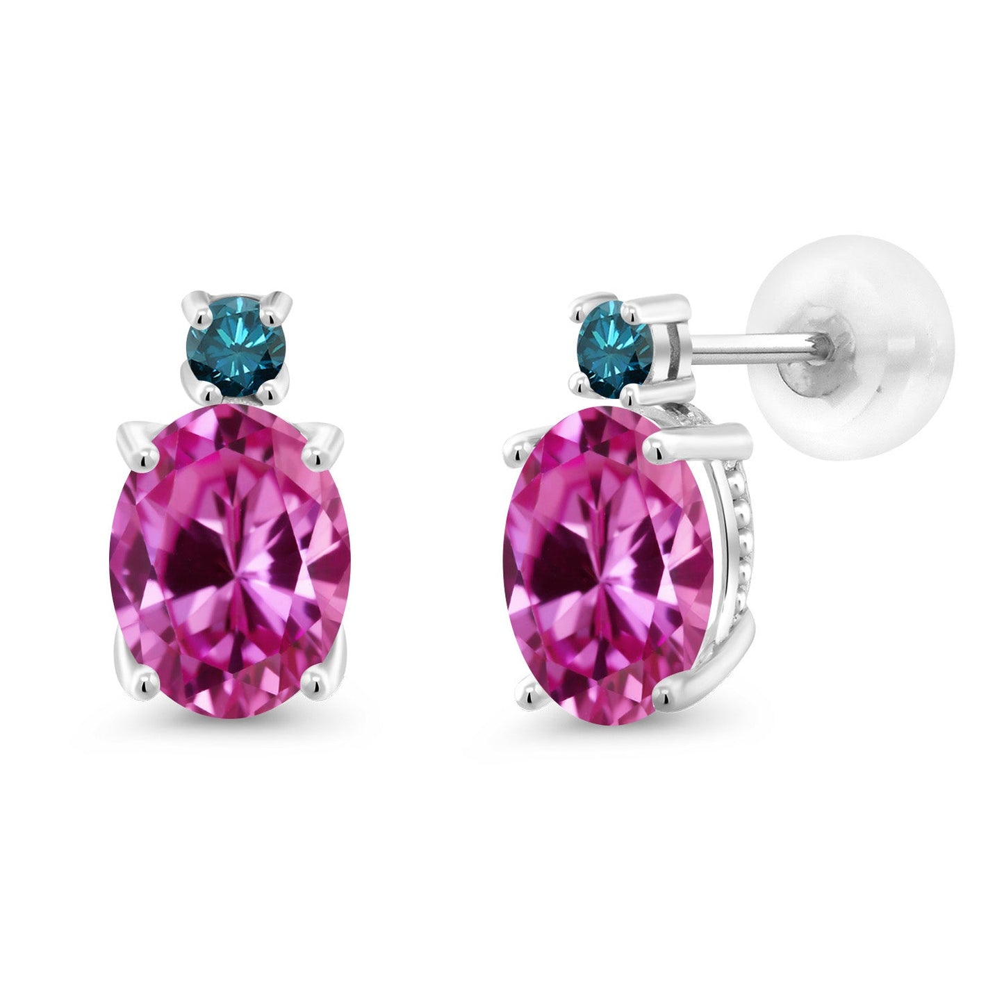 14K White Gold Gemstone Birthstone and Blue Diamond Stud Earrings For Women | Oval 8X6MM | Round 2.5MM | Elegant Two-Stone Design | Classic Fine Jewelry Earrings