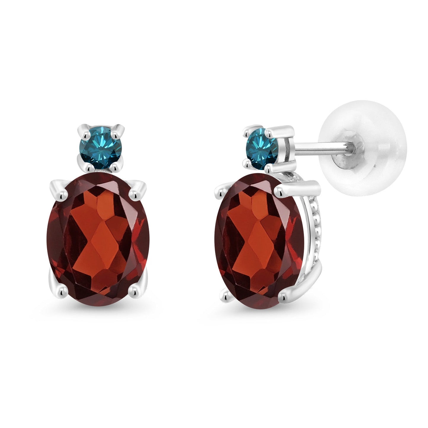 14K White Gold Gemstone Birthstone and Blue Diamond Stud Earrings For Women | Oval 8X6MM | Round 2.5MM | Elegant Two-Stone Design | Classic Fine Jewelry Earrings