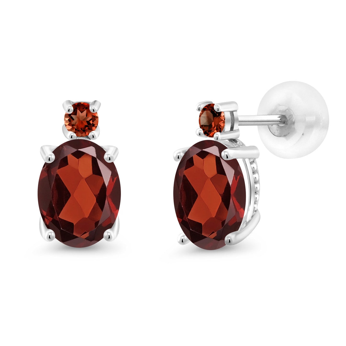 14K White Gold Gemstone Birthstone and Garnet Dangle Stud Earrings For Women | Oval 8X6MM | Round 2.5MM | Elegant Two-Stone Design | Classic Fine Jewelry Earrings