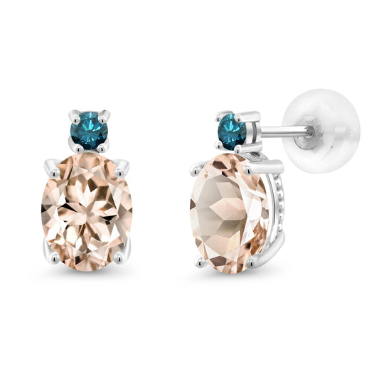 14K White Gold Gemstone Birthstone and Blue Diamond Stud Earrings For Women | Oval 8X6MM | Round 2.5MM | Elegant Two-Stone Design | Classic Fine Jewelry Earrings