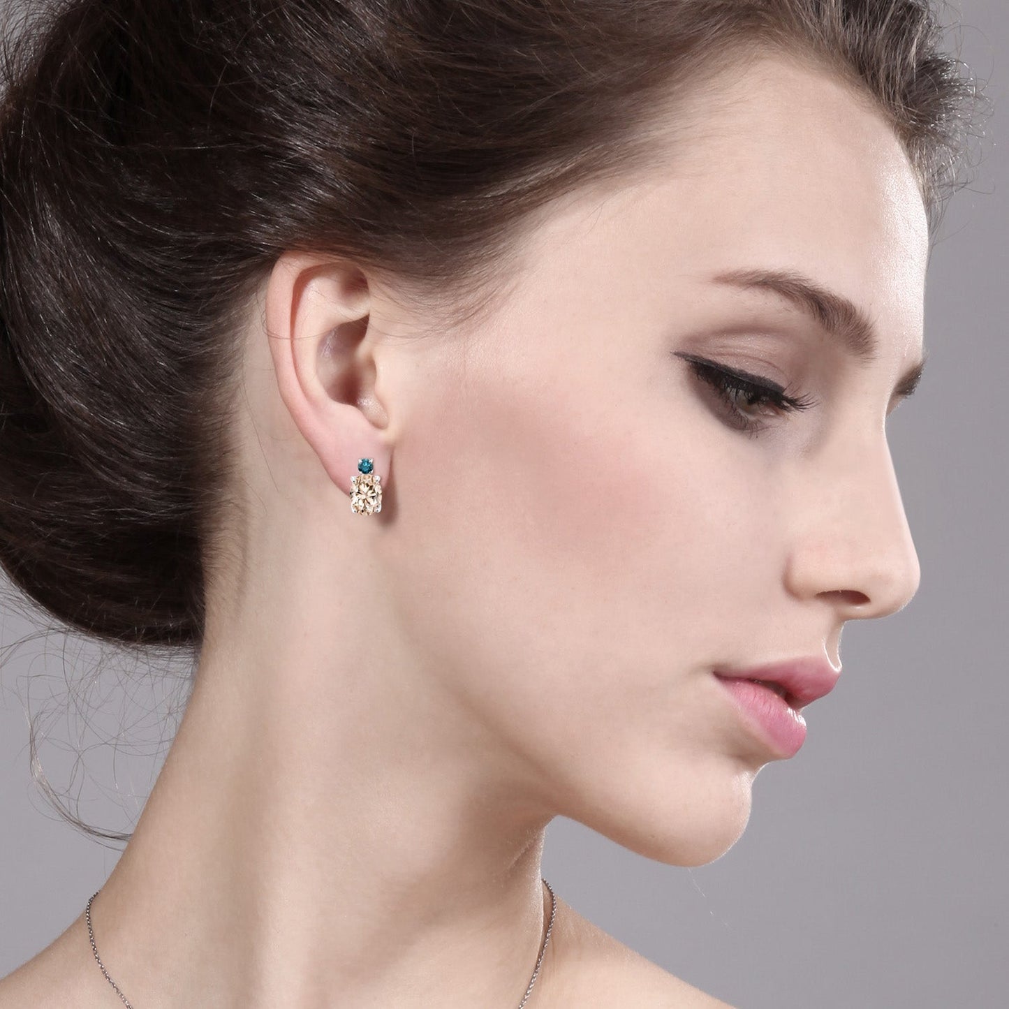 14K White Gold Gemstone Birthstone and Blue Diamond Stud Earrings For Women | Oval 8X6MM | Round 2.5MM | Elegant Two-Stone Design | Classic Fine Jewelry Earrings