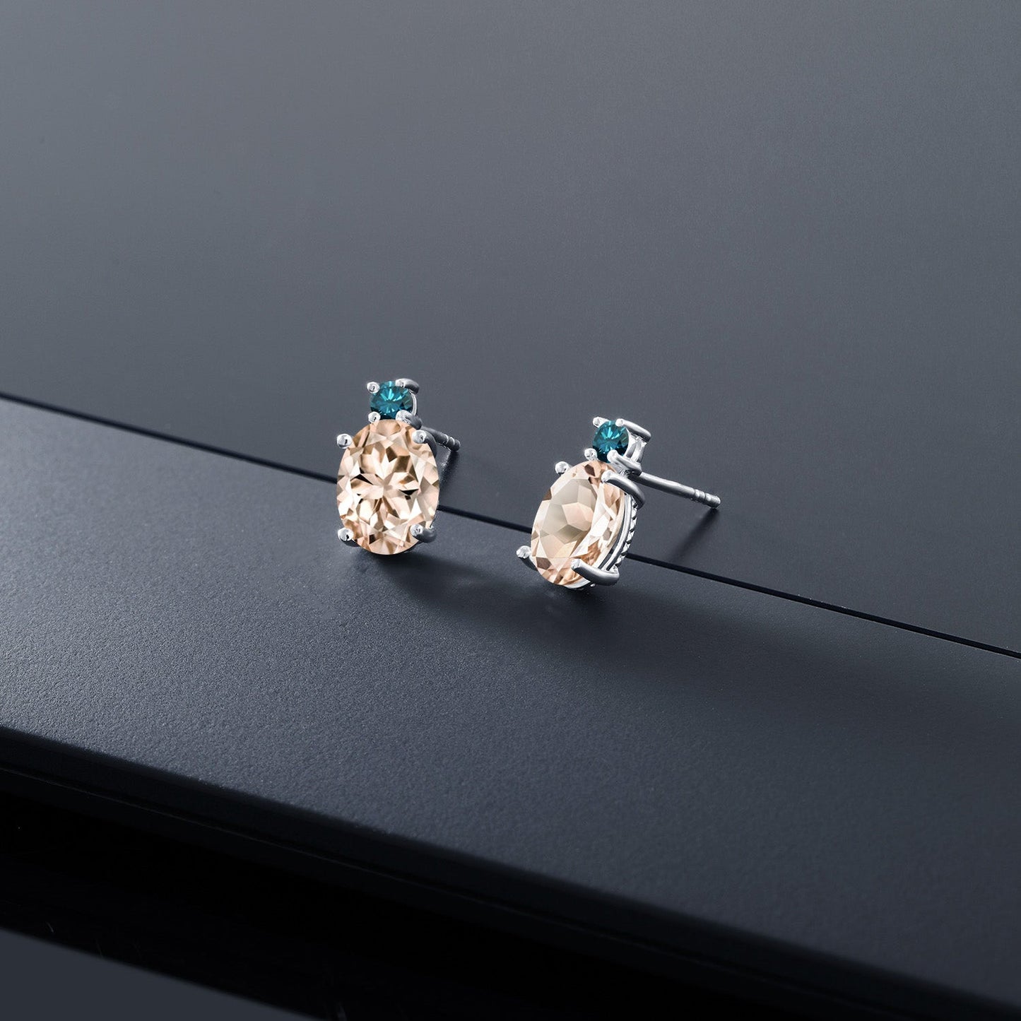 14K White Gold Gemstone Birthstone and Blue Diamond Stud Earrings For Women | Oval 8X6MM | Round 2.5MM | Elegant Two-Stone Design | Classic Fine Jewelry Earrings