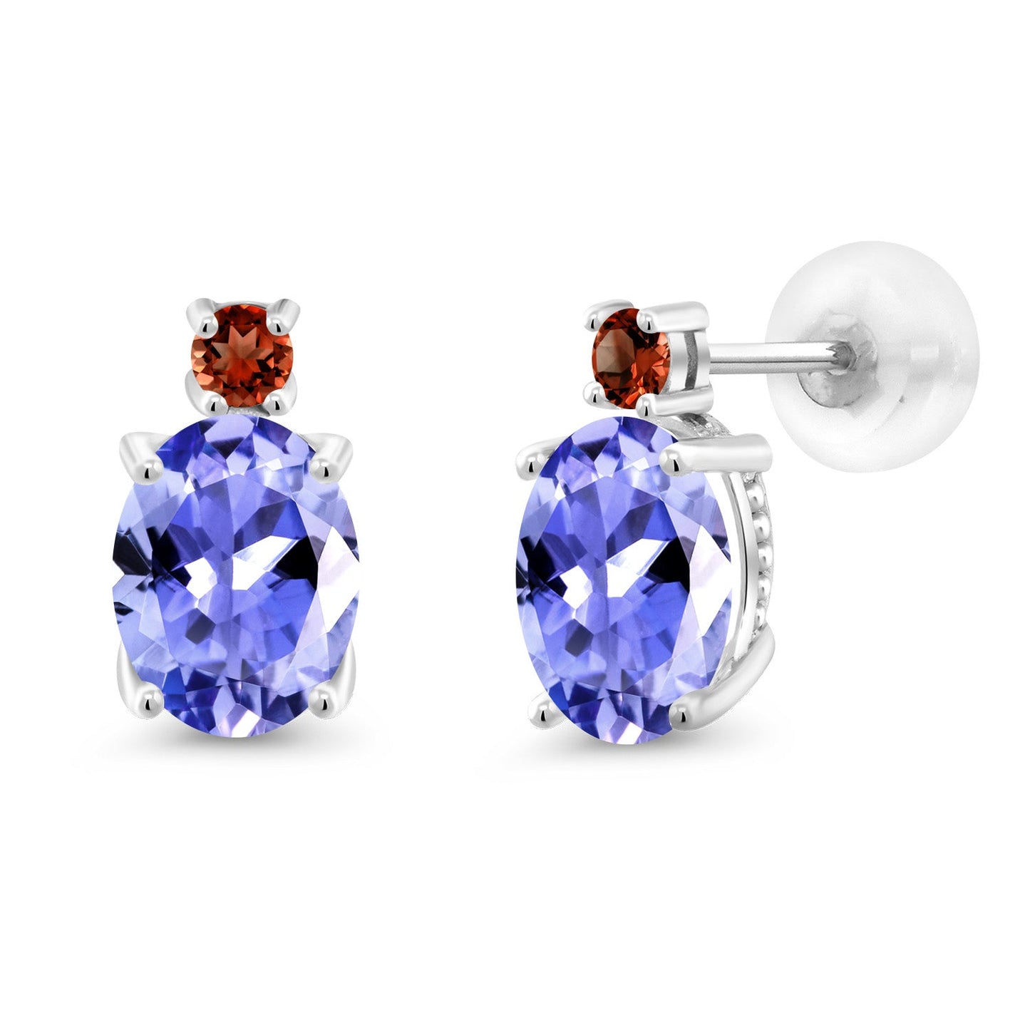 14K White Gold Gemstone Birthstone and Garnet Dangle Stud Earrings For Women | Oval 8X6MM | Round 2.5MM | Elegant Two-Stone Design | Classic Fine Jewelry Earrings
