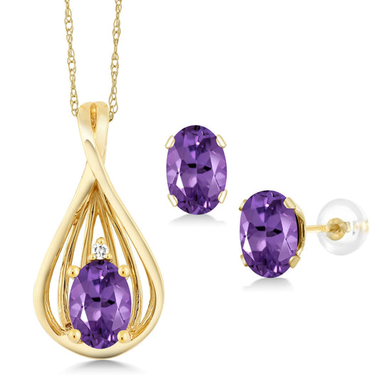 10K Yellow Gold 6X4MM Oval Gemstone Birthstone and White Diamond Pendant Earrings Jewelry Set For Women | With 18 Inch Gold Chain