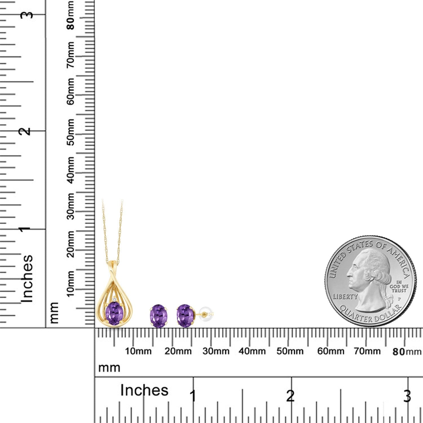 10K Yellow Gold 6X4MM Oval Gemstone Birthstone and White Diamond Pendant Earrings Jewelry Set For Women | With 18 Inch Gold Chain