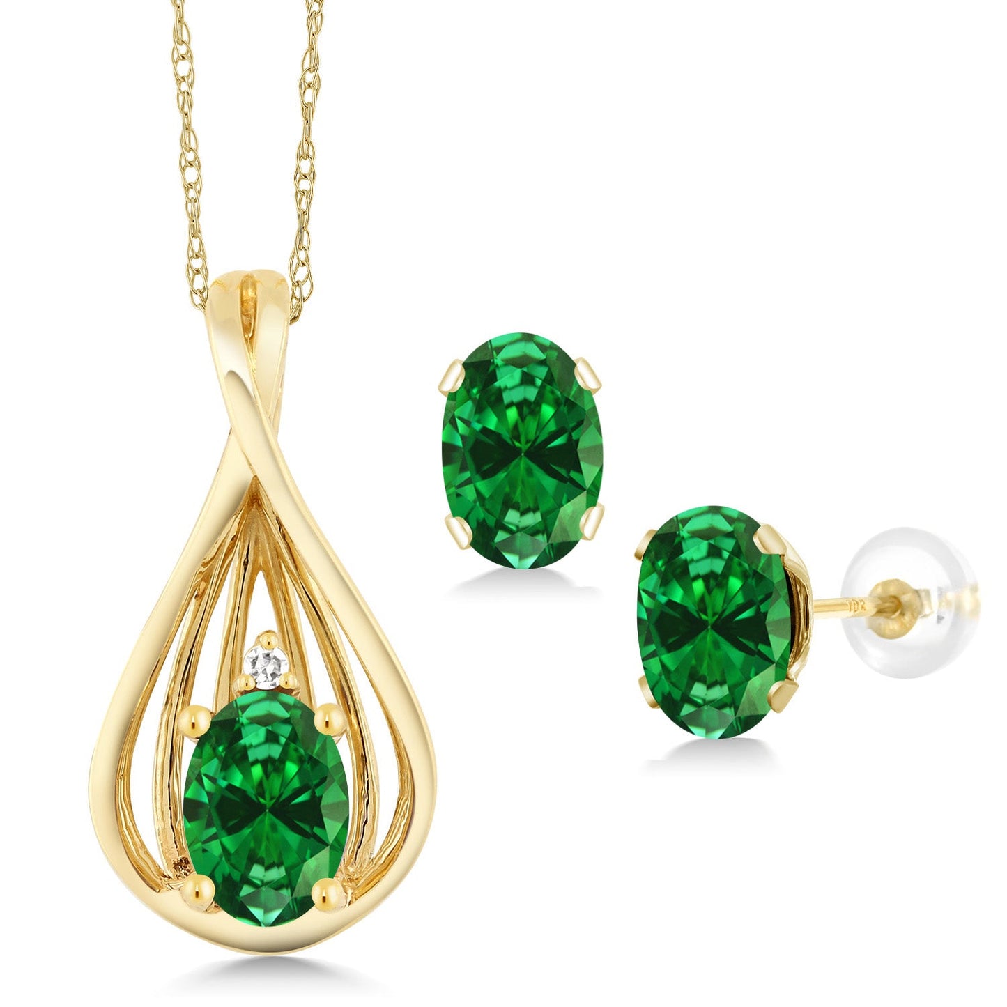 10K Yellow Gold 6X4MM Oval Gemstone Birthstone and White Diamond Pendant Earrings Jewelry Set For Women | With 18 Inch Gold Chain