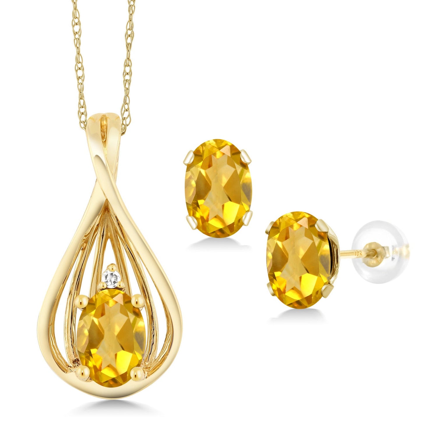10K Yellow Gold 6X4MM Oval Gemstone Birthstone and White Diamond Pendant Earrings Jewelry Set For Women | With 18 Inch Gold Chain