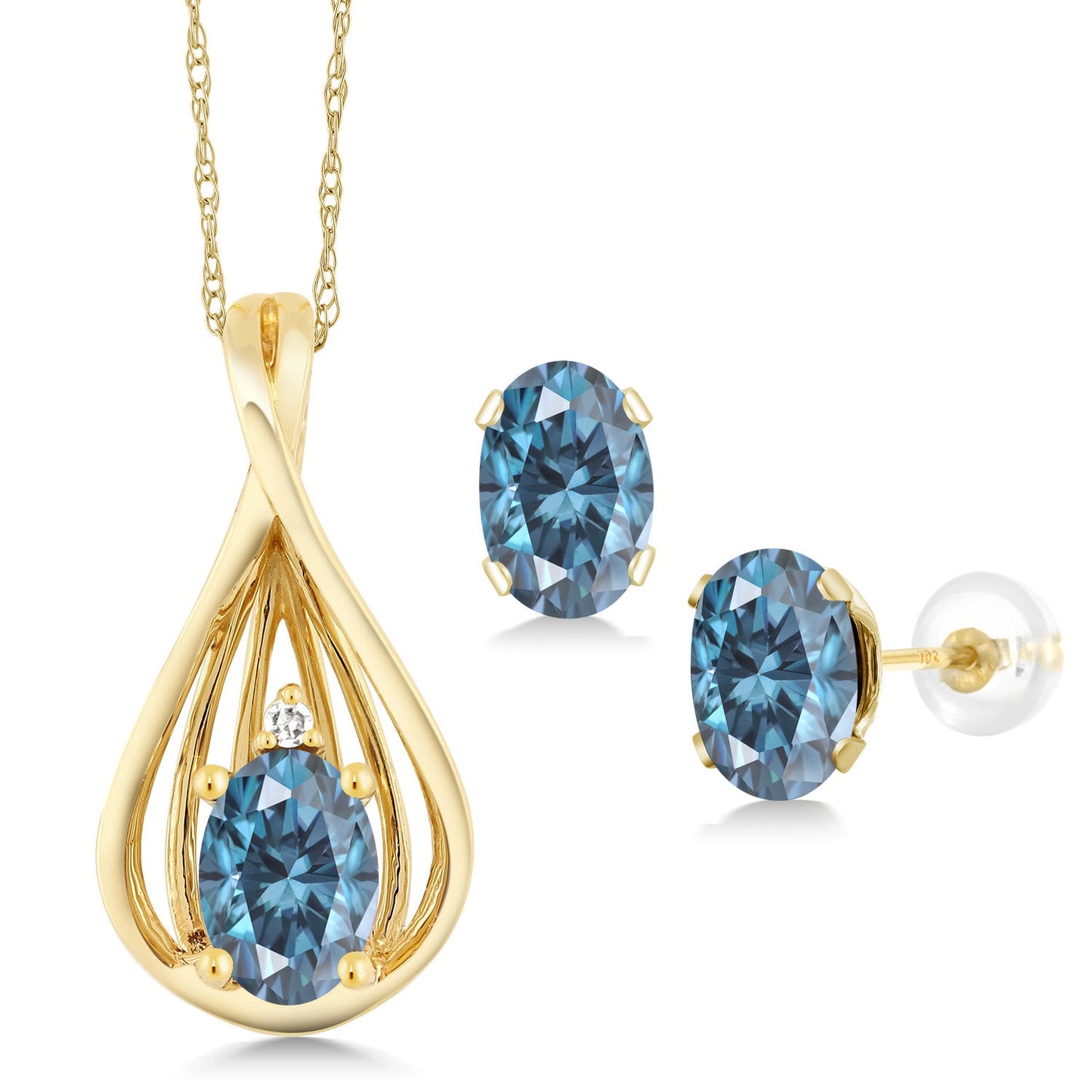 10K Yellow Gold 6X4MM Oval Gemstone Birthstone and White Diamond Pendant Earrings Jewelry Set For Women | With 18 Inch Gold Chain