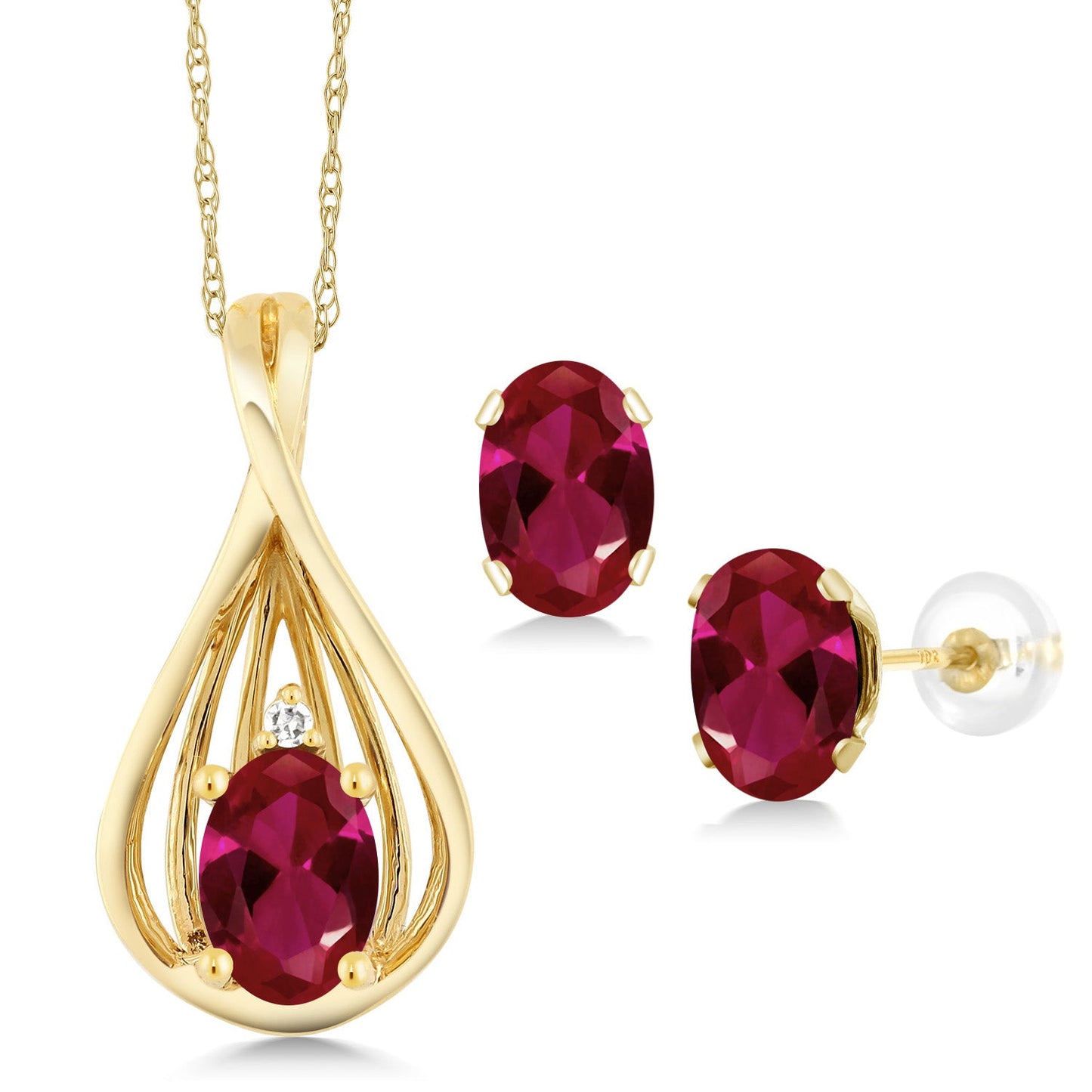 10K Yellow Gold 6X4MM Oval Gemstone Birthstone and White Diamond Pendant Earrings Jewelry Set For Women | With 18 Inch Gold Chain
