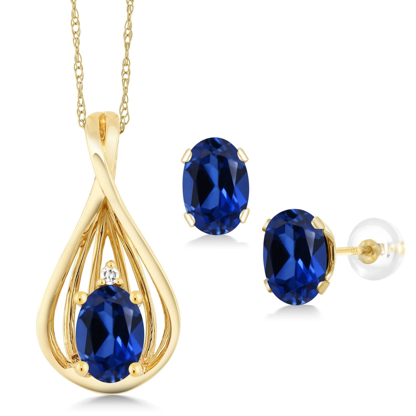 10K Yellow Gold 6X4MM Oval Gemstone Birthstone and White Diamond Pendant Earrings Jewelry Set For Women | With 18 Inch Gold Chain