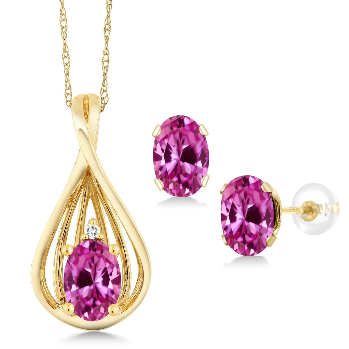 10K Yellow Gold 6X4MM Oval Gemstone Birthstone and White Diamond Pendant Earrings Jewelry Set For Women | With 18 Inch Gold Chain
