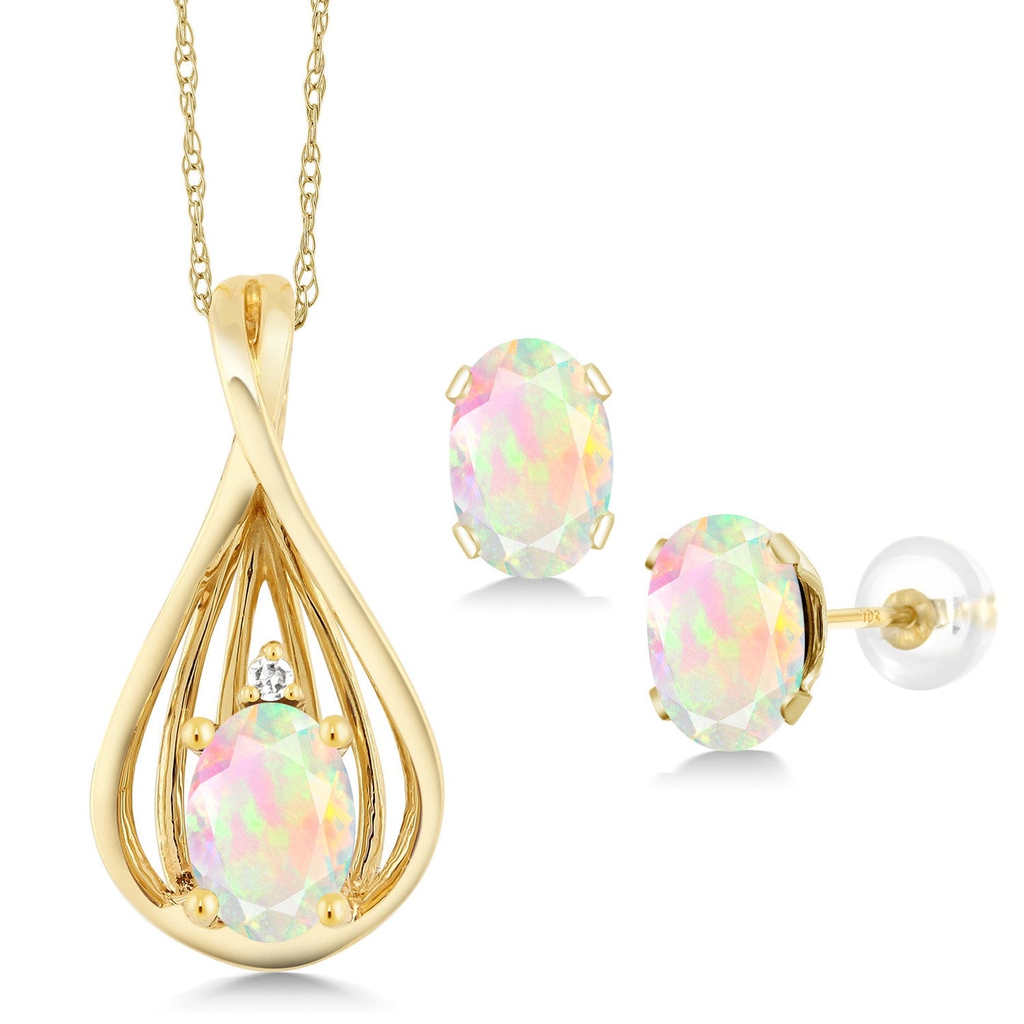 10K Yellow Gold 6X4MM Oval Gemstone Birthstone and White Diamond Pendant Earrings Jewelry Set For Women | With 18 Inch Gold Chain