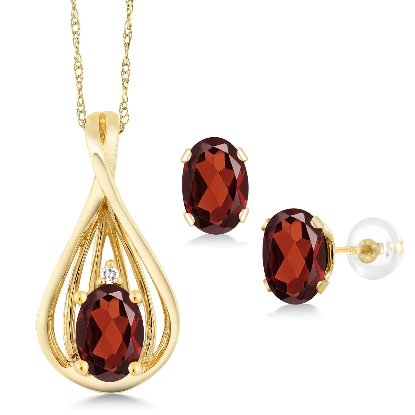 10K Yellow Gold 6X4MM Oval Gemstone Birthstone and White Diamond Pendant Earrings Jewelry Set For Women | With 18 Inch Gold Chain