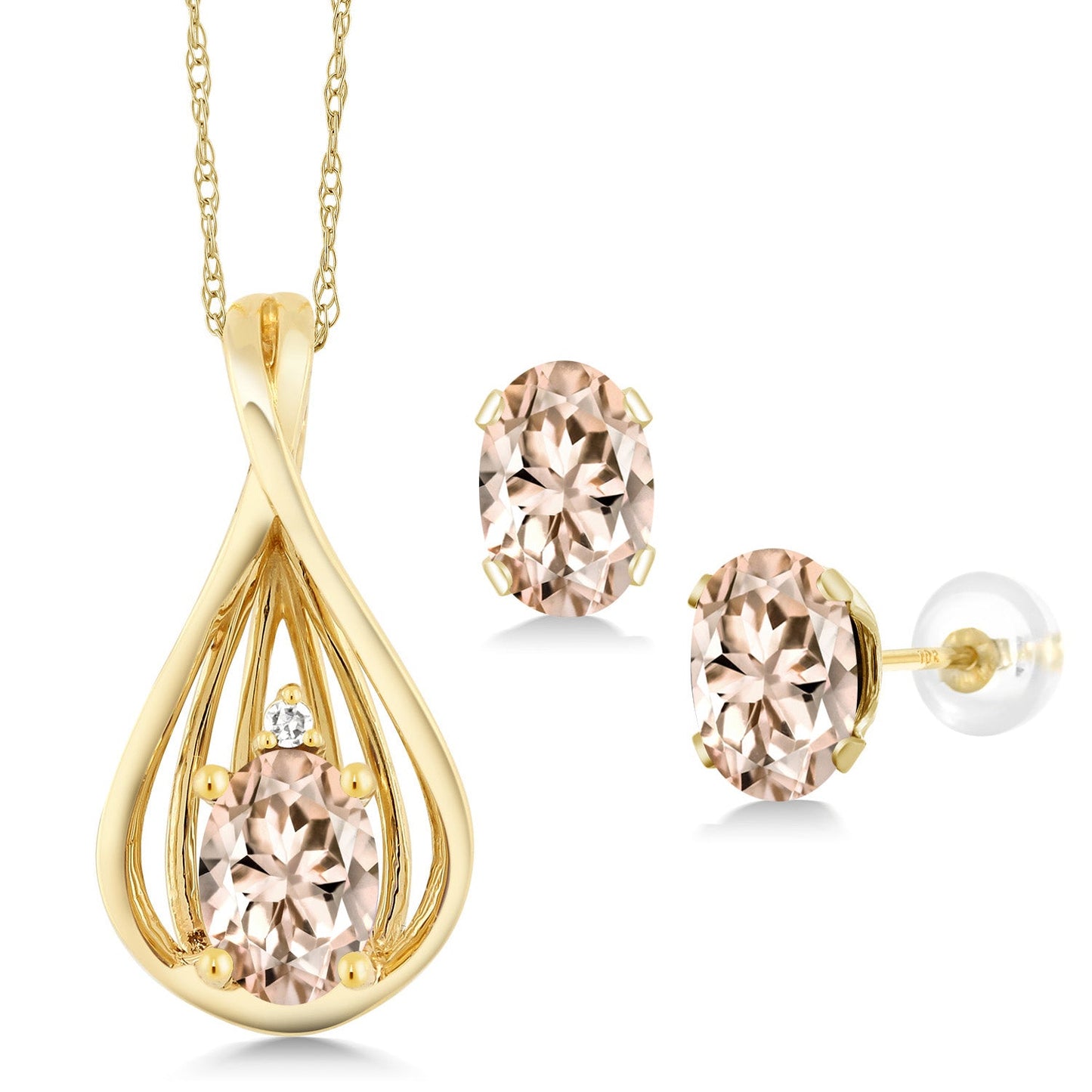 10K Yellow Gold 6X4MM Oval Gemstone Birthstone and White Diamond Pendant Earrings Jewelry Set For Women | With 18 Inch Gold Chain