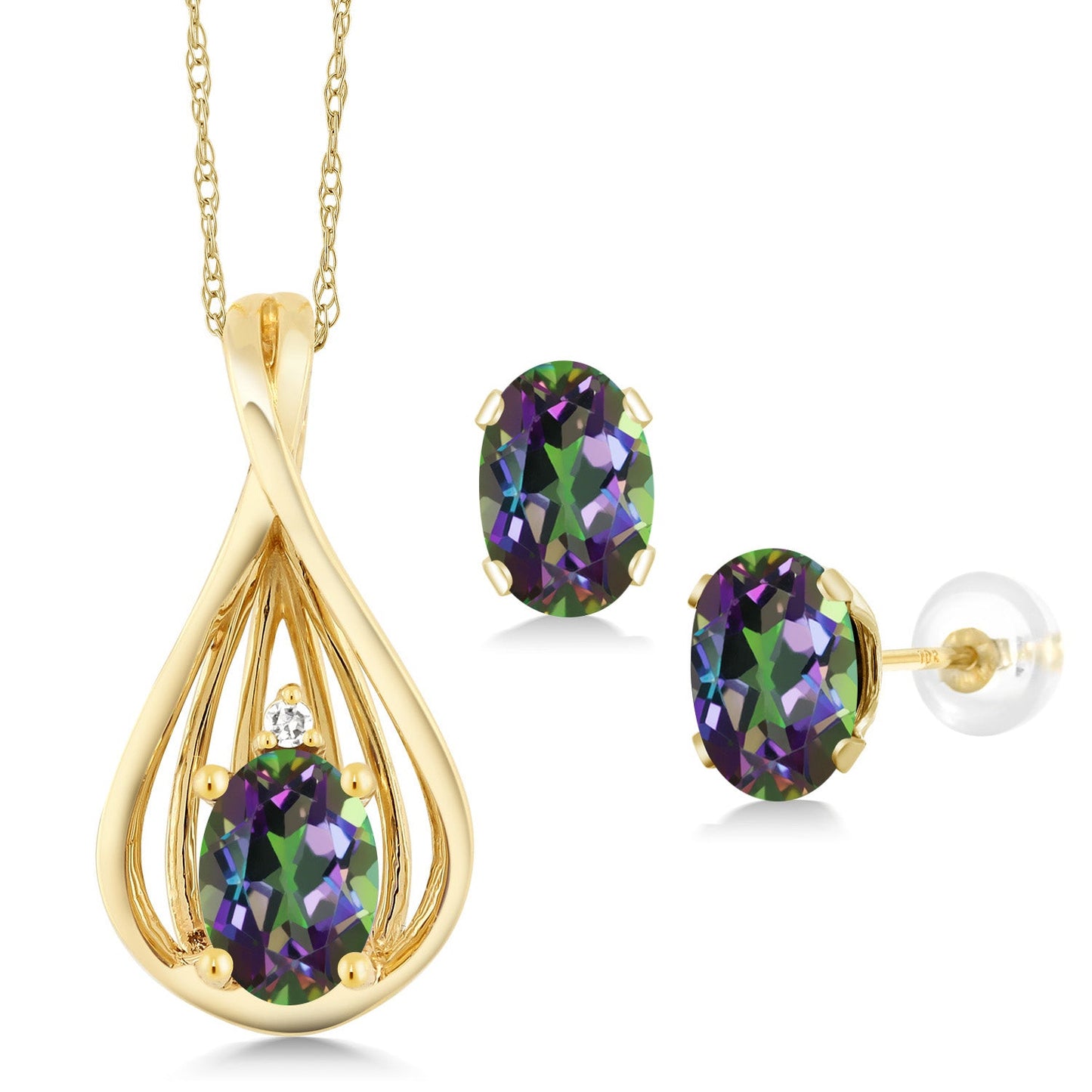 10K Yellow Gold 6X4MM Oval Gemstone Birthstone and White Diamond Pendant Earrings Jewelry Set For Women | With 18 Inch Gold Chain