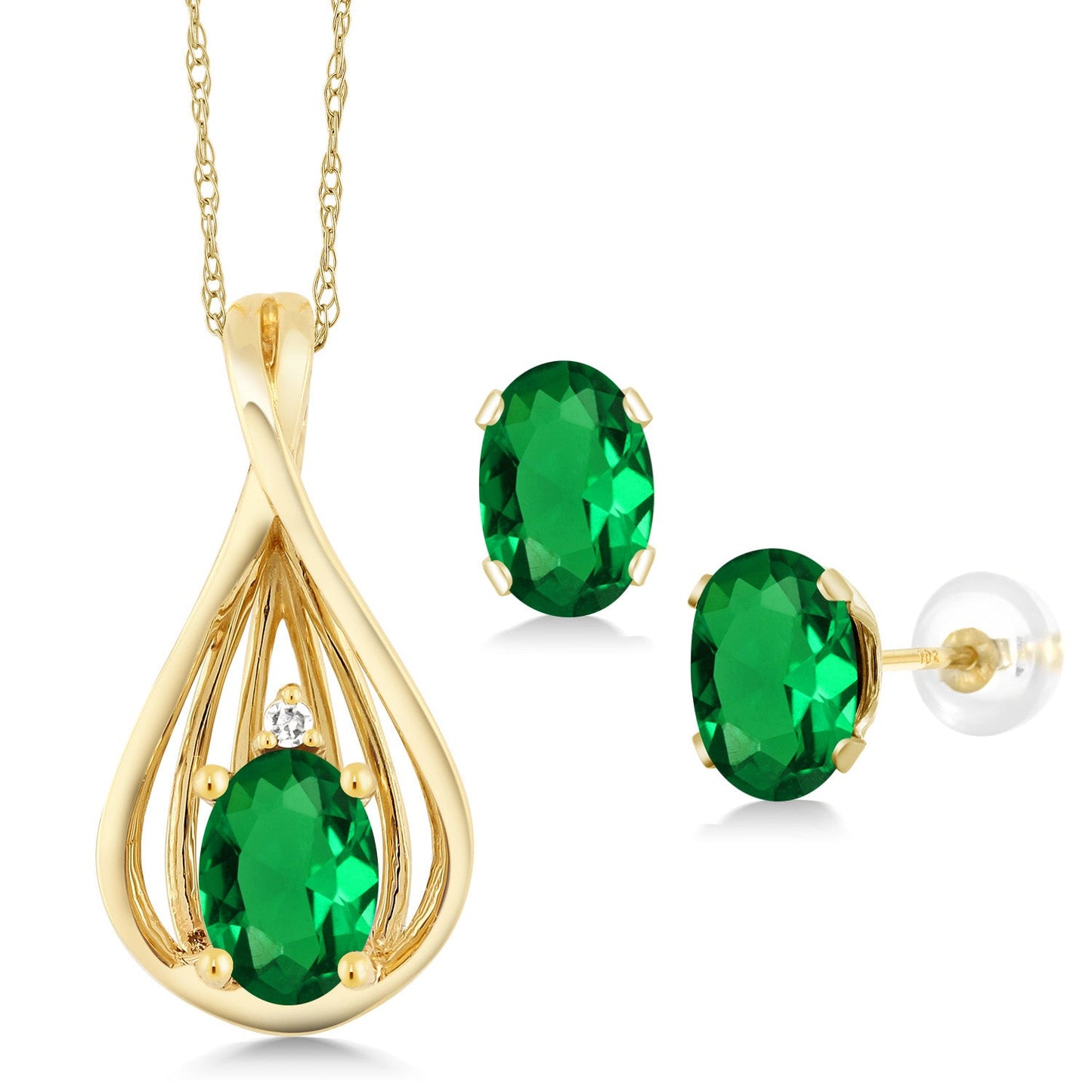 10K Yellow Gold 6X4MM Oval Gemstone Birthstone and White Diamond Pendant Earrings Jewelry Set For Women | With 18 Inch Gold Chain