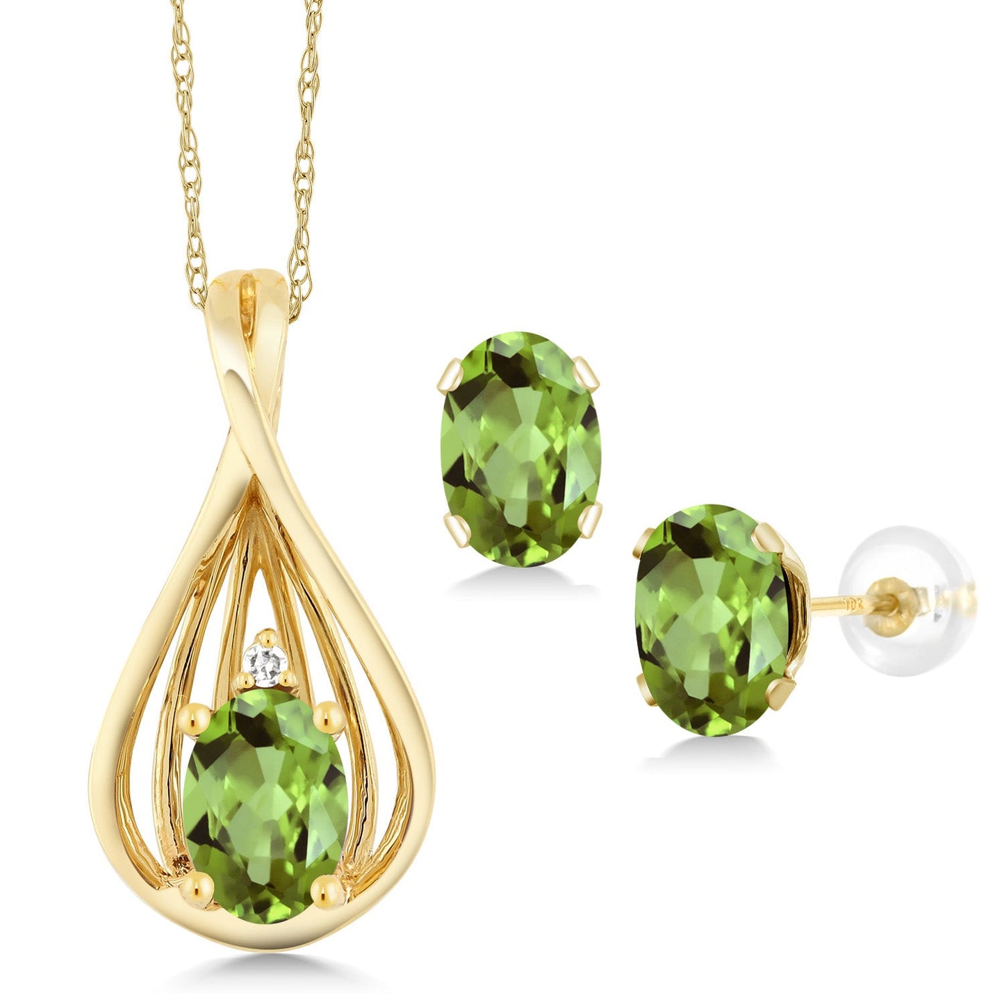 10K Yellow Gold 6X4MM Oval Gemstone Birthstone and White Diamond Pendant Earrings Jewelry Set For Women | With 18 Inch Gold Chain