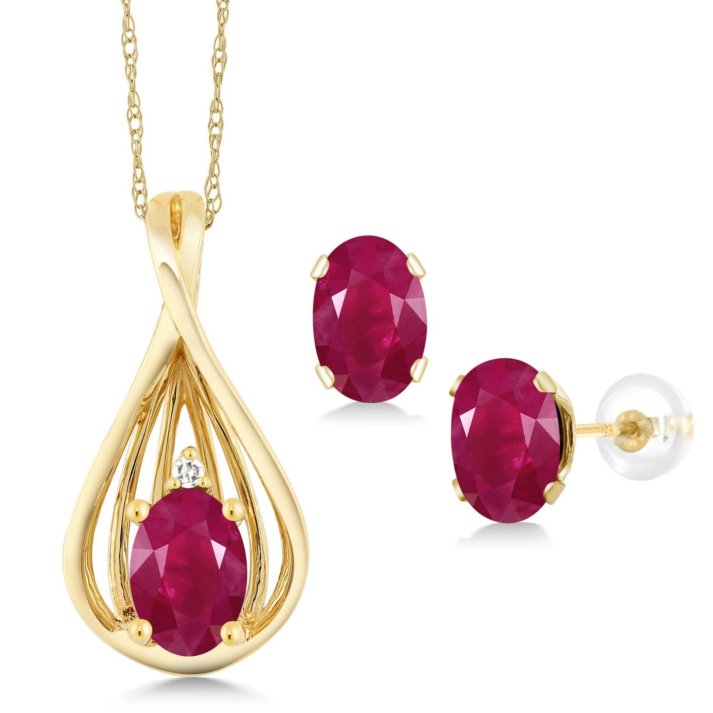 10K Yellow Gold 6X4MM Oval Gemstone Birthstone and White Diamond Pendant Earrings Jewelry Set For Women | With 18 Inch Gold Chain