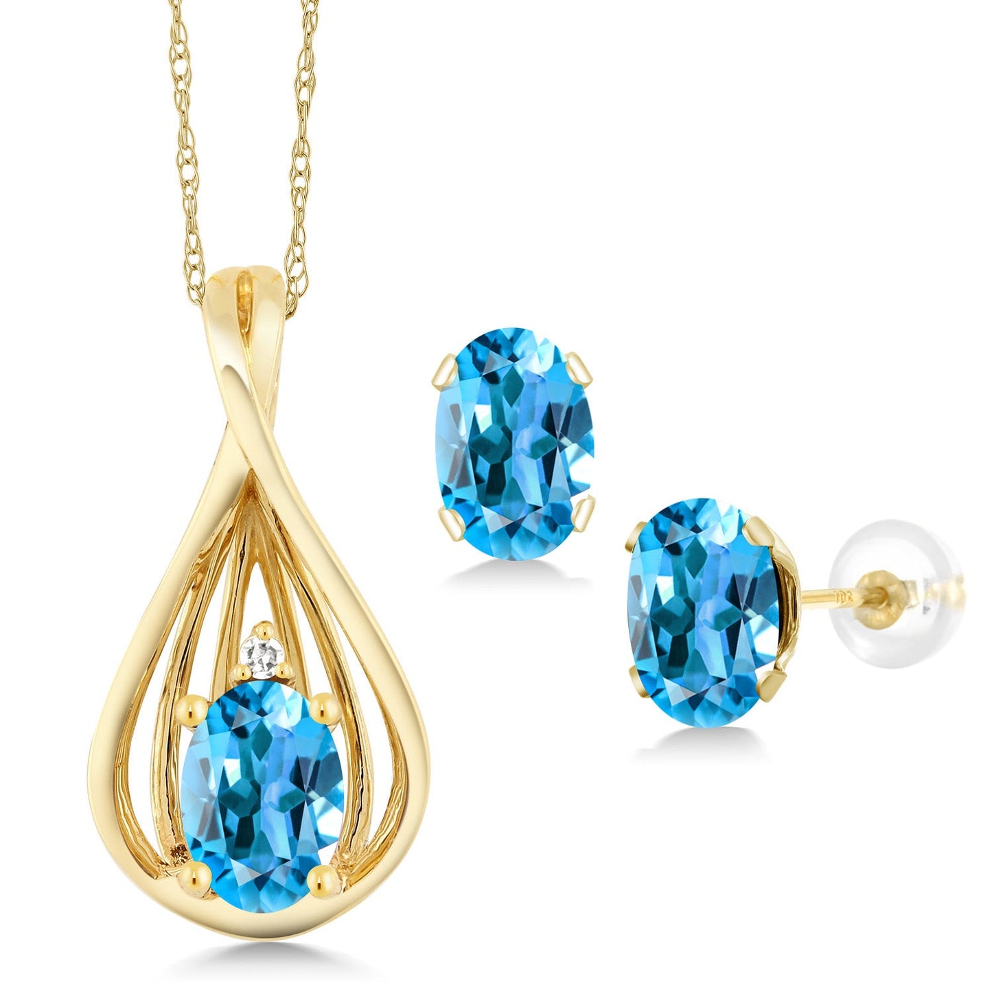10K Yellow Gold 6X4MM Oval Gemstone Birthstone and White Diamond Pendant Earrings Jewelry Set For Women | With 18 Inch Gold Chain