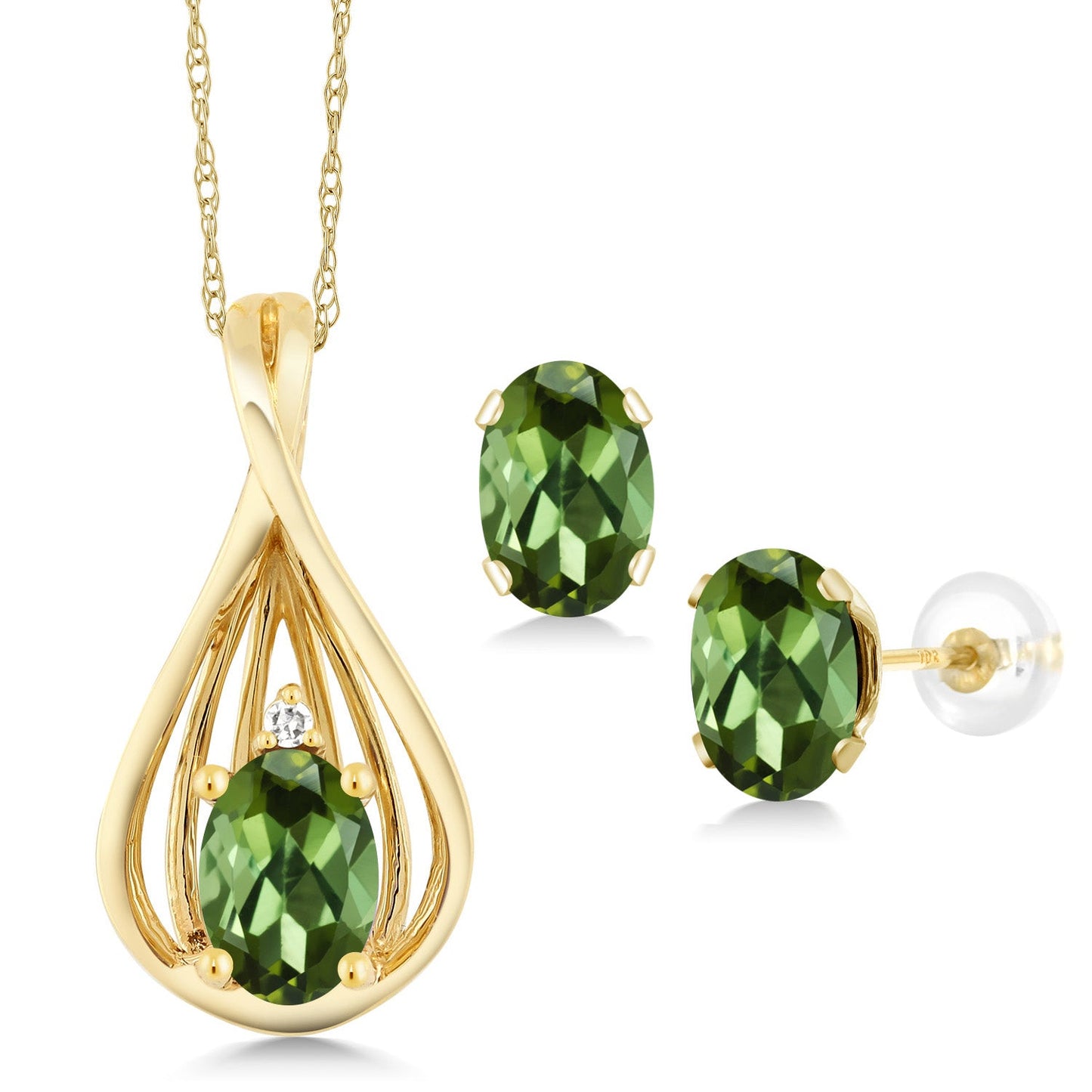 10K Yellow Gold 6X4MM Oval Gemstone Birthstone and White Diamond Pendant Earrings Jewelry Set For Women | With 18 Inch Gold Chain
