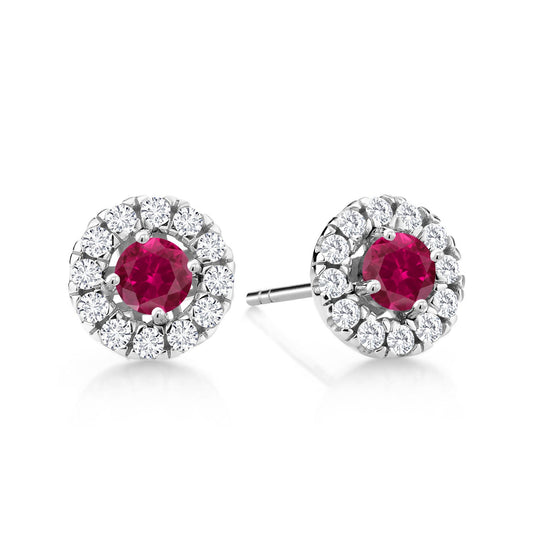 14K White Gold 3.5MM Round Gemstone Birthstone and White Lab Grown Diamond Halo Earrings | Center Stone: 3.5MM | Gold Earrings for Women