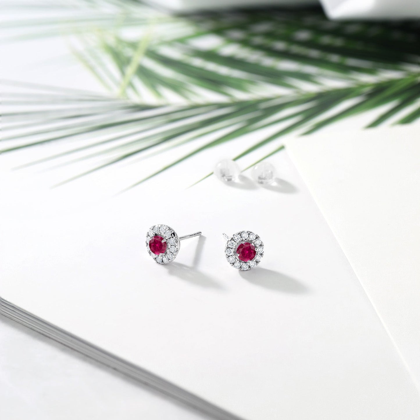 14K White Gold 3.5MM Round Gemstone Birthstone and White Lab Grown Diamond Halo Earrings | Center Stone: 3.5MM | Gold Earrings for Women