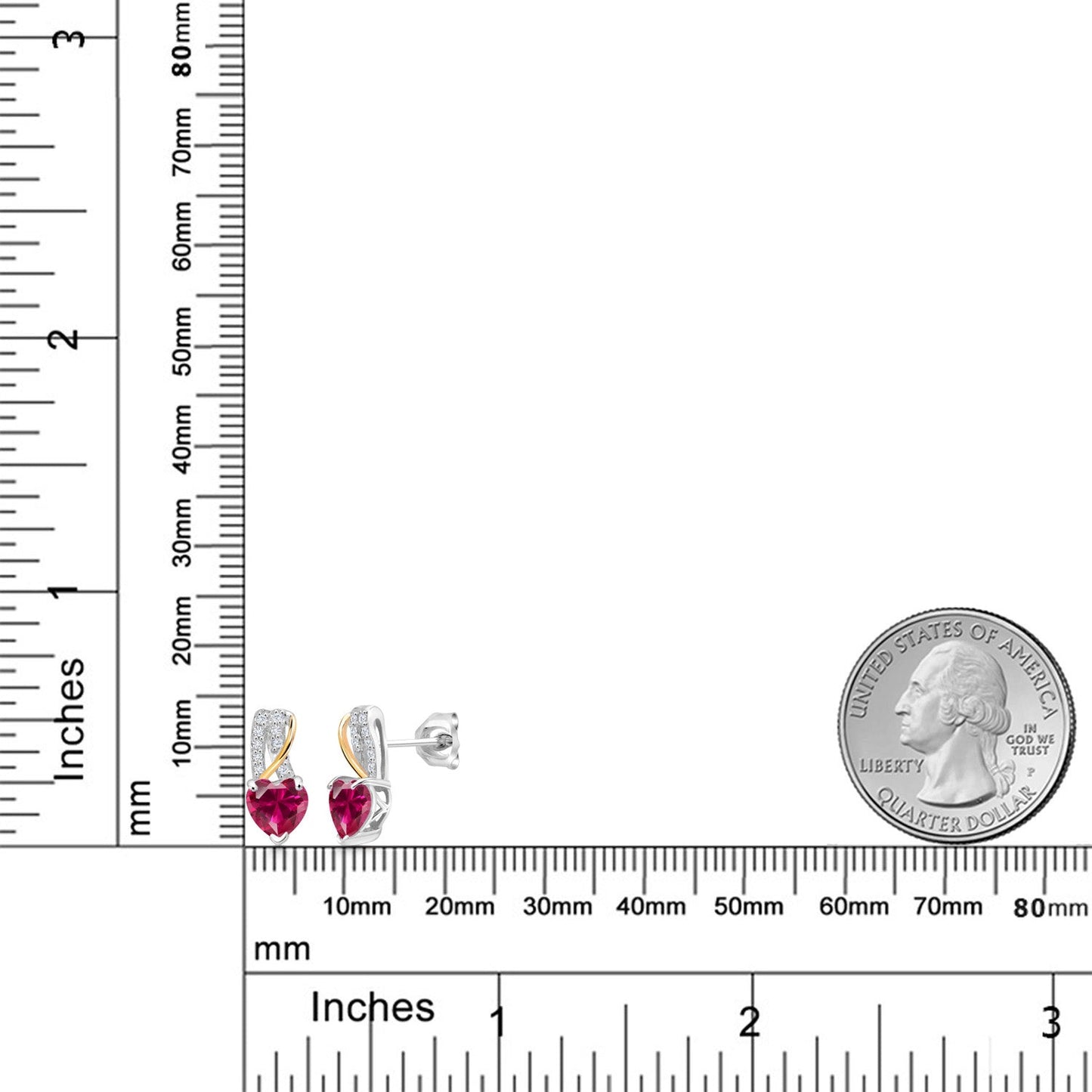 925 Sterling Silver and 10K Yellow Gold Red Created Ruby and White Lab Grown Diamond Heart Shape Earrings For Women (2.01 Cttw, Gemstone July Birthstone, Heart Shape 6MM)