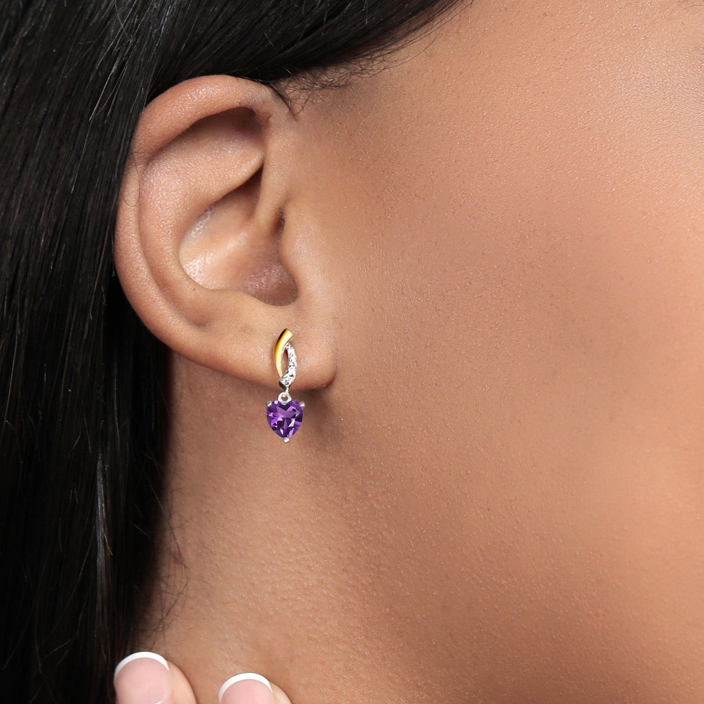 925 Sterling Silver and 10K Yellow Gold 6MM Heart Shape Gemstone Birthstone and White Lab Grown Diamond Dangle Earrings For Women