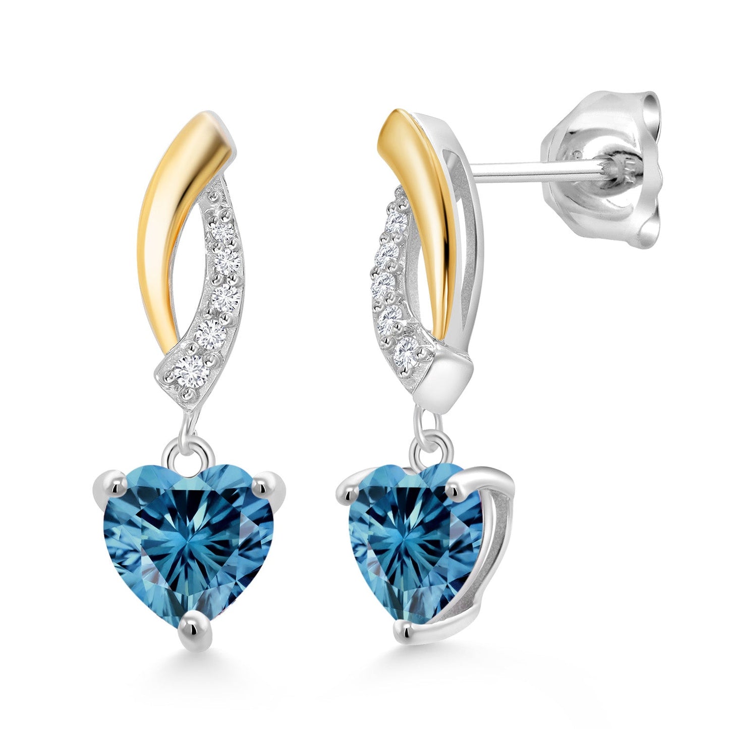925 Sterling Silver and 10K Yellow Gold 6MM Heart Shape Gemstone Birthstone and White Lab Grown Diamond Dangle Earrings For Women