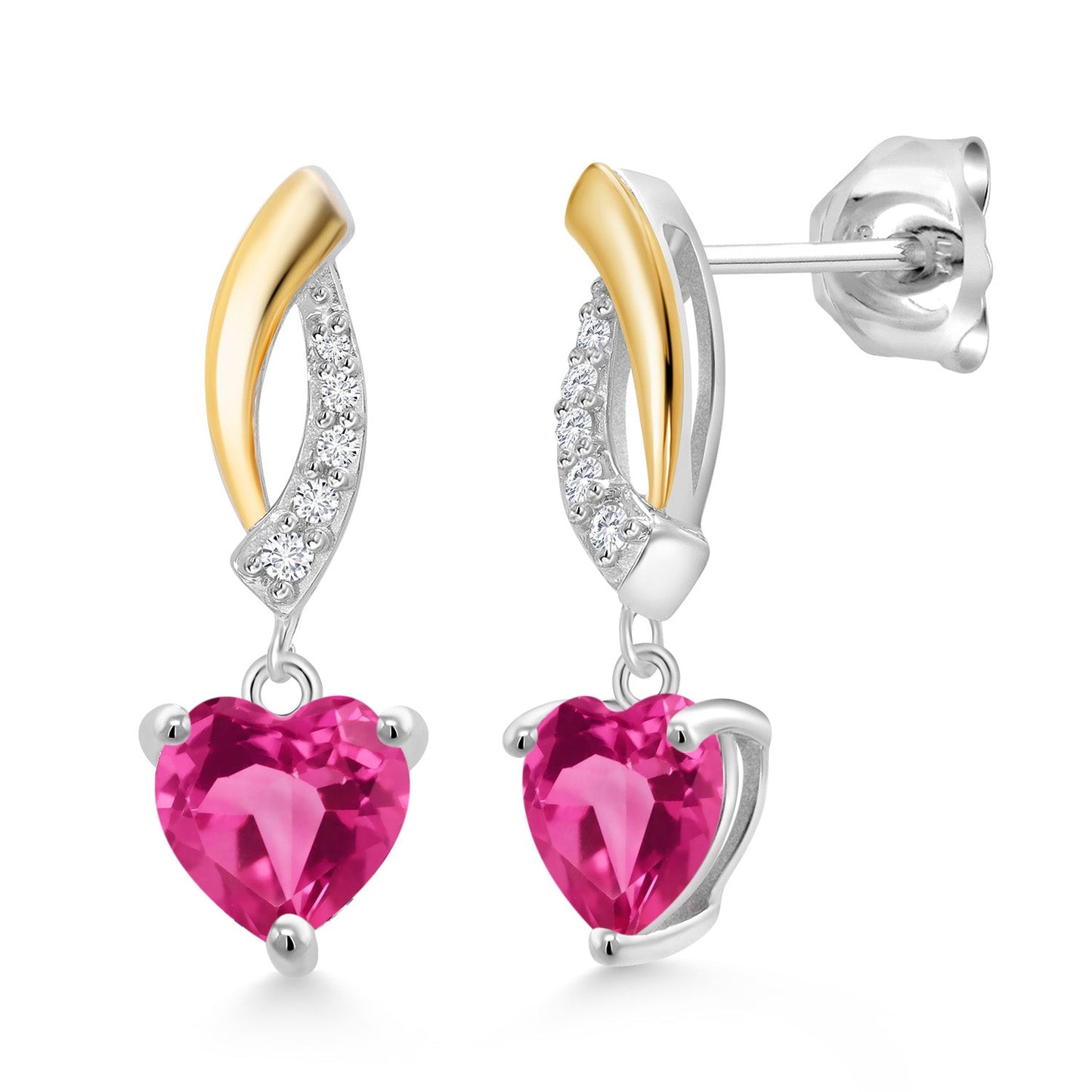 925 Sterling Silver and 10K Yellow Gold 6MM Heart Shape Gemstone Birthstone and White Lab Grown Diamond Dangle Earrings For Women