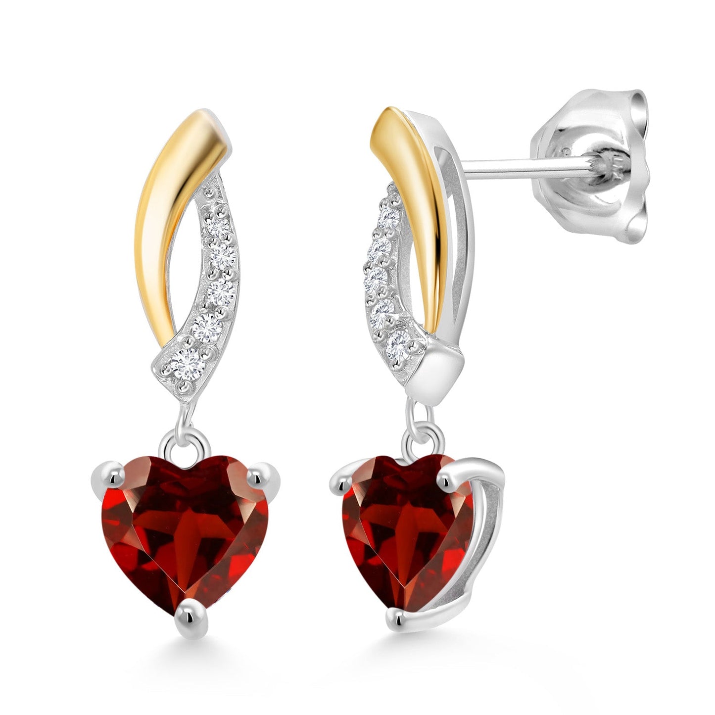 925 Sterling Silver and 10K Yellow Gold 6MM Heart Shape Gemstone Birthstone and White Lab Grown Diamond Dangle Earrings For Women