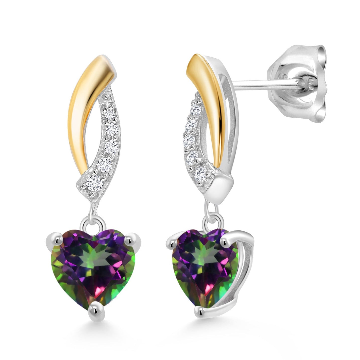 925 Sterling Silver and 10K Yellow Gold 6MM Heart Shape Gemstone Birthstone and White Lab Grown Diamond Dangle Earrings For Women