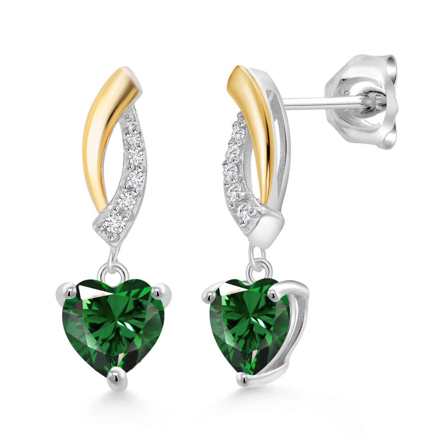 925 Sterling Silver and 10K Yellow Gold 6MM Heart Shape Gemstone Birthstone and White Lab Grown Diamond Dangle Earrings For Women