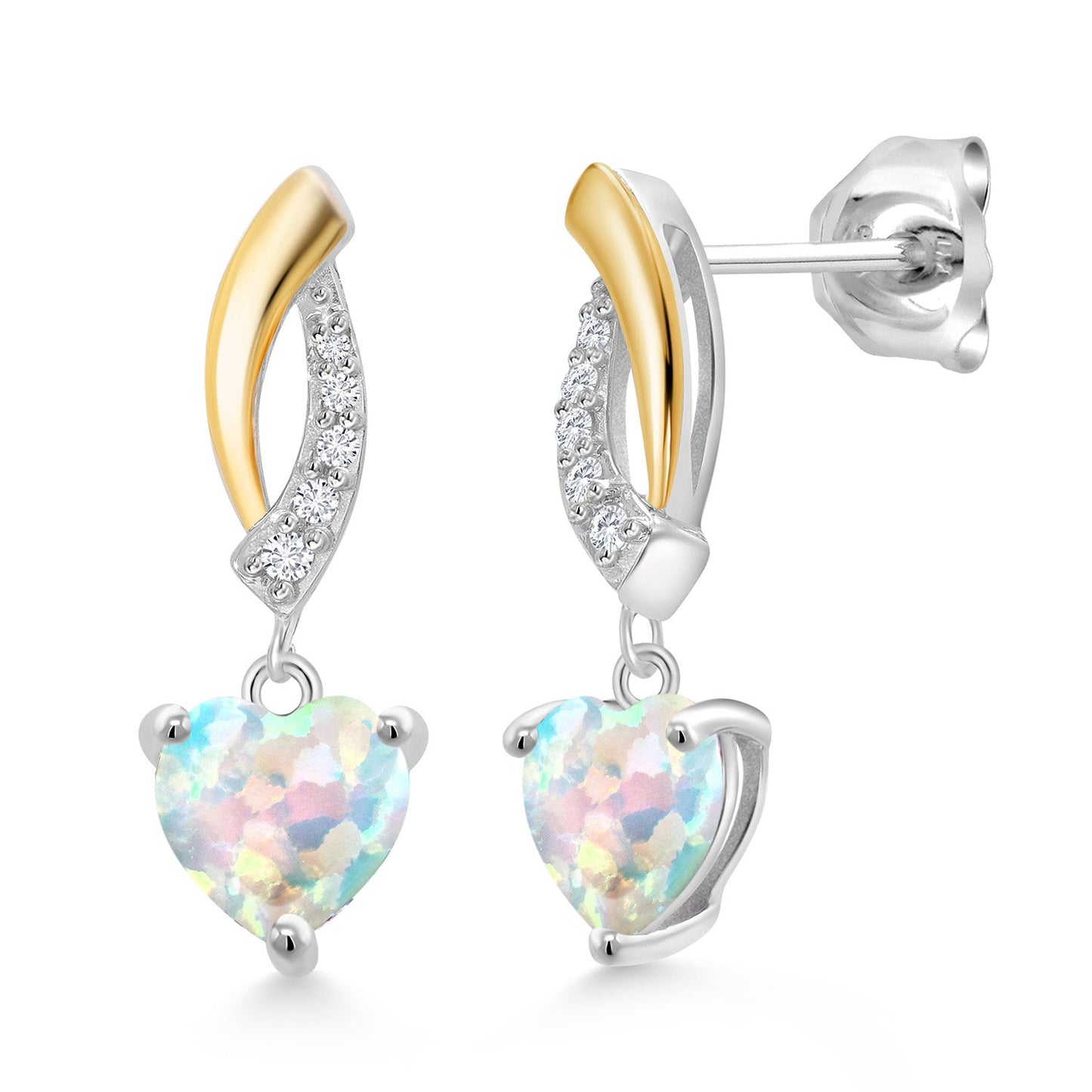 925 Sterling Silver and 10K Yellow Gold 6MM Heart Shape Gemstone Birthstone and White Lab Grown Diamond Dangle Earrings For Women