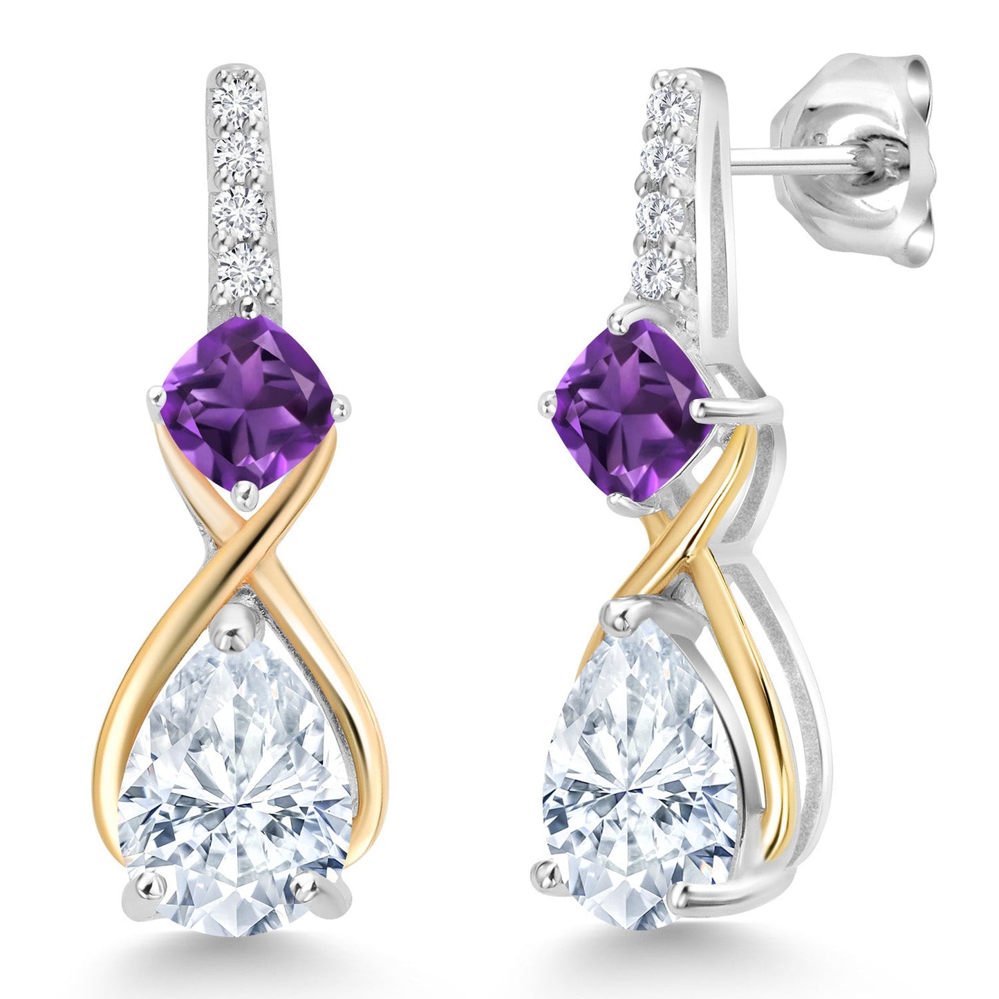 925 Silver and 10K Yellow Gold Gemstone Birthstone and Accent Lab Grown Diamond Dangle Earrings | Pear Shape and Cushion |Two-Tone Infinity Dangle Earrings For Women