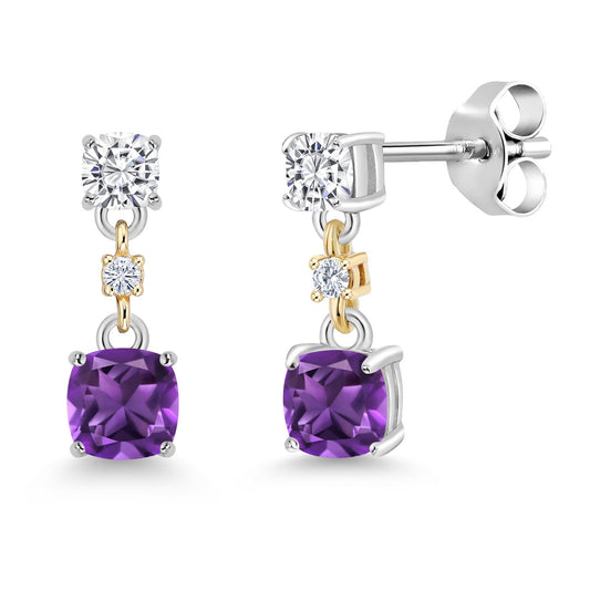 Dangle Earrings For Women | 925 Sterling Silver and 10K Yellow Gold | Cushion 4MM and 3MM Gemstone Birthstone and White Moissanite | Fine Jewelry Gifts for Her Mom Women Wife