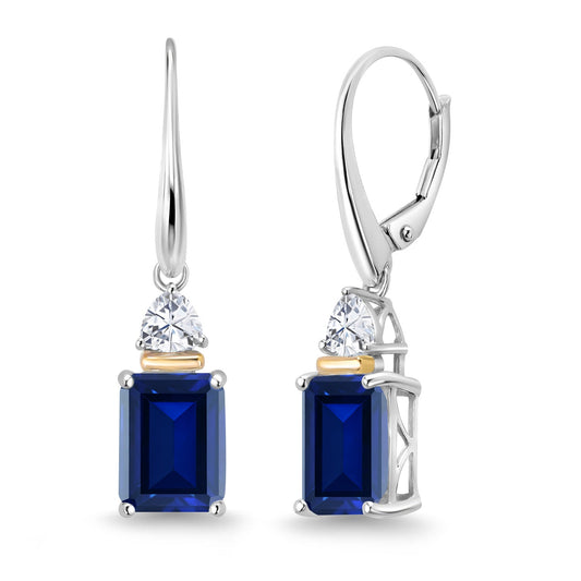 925 Sterling Silver and 10K Yellow Gold Blue Created Sapphire and White Moissanite Dangle Earrings For Women (5.86 Cttw, Octagon Cut 9X7MM, Trillion 4MM)