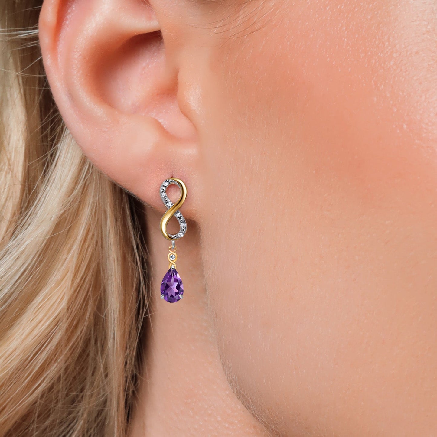 Infinity Dangle Earrings For Women In 925 Silver and 10K Yellow Gold with 8X5MM Pear Shape Gemstone Birthstone and White Lab Grown Diamond