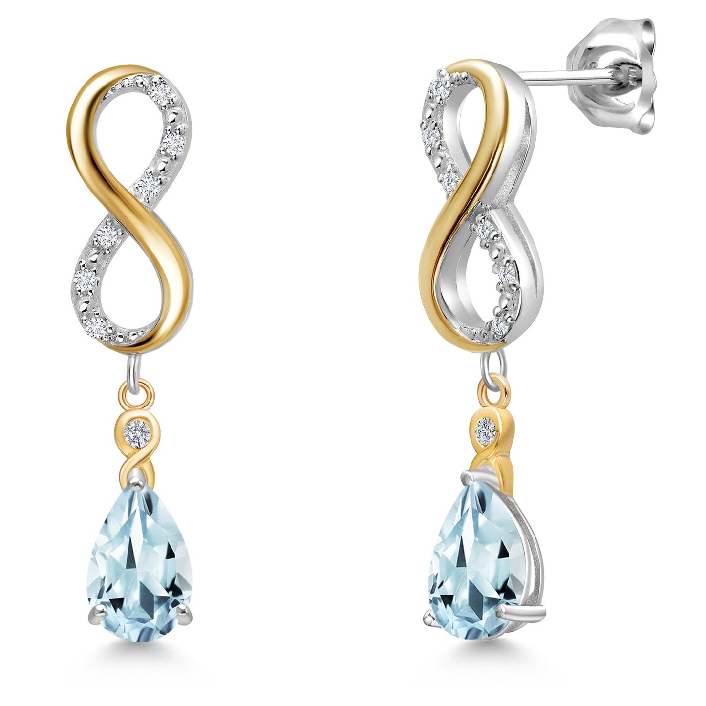 Infinity Dangle Earrings For Women In 925 Silver and 10K Yellow Gold with 8X5MM Pear Shape Gemstone Birthstone and White Lab Grown Diamond