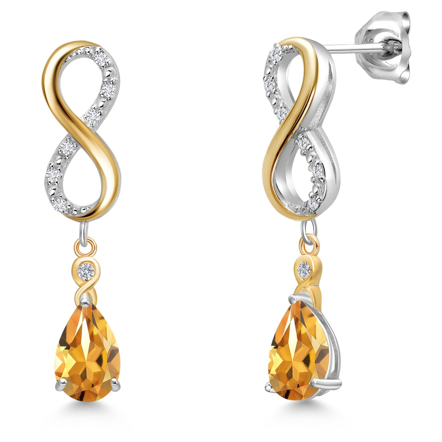 Infinity Dangle Earrings For Women In 925 Silver and 10K Yellow Gold with 8X5MM Pear Shape Gemstone Birthstone and White Lab Grown Diamond