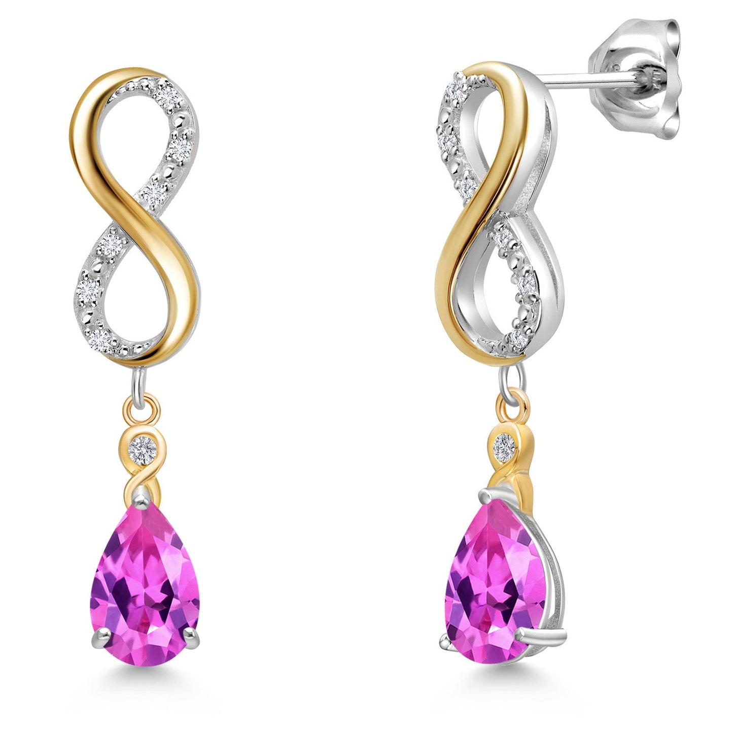 Infinity Dangle Earrings For Women In 925 Silver and 10K Yellow Gold with 8X5MM Pear Shape Gemstone Birthstone and White Lab Grown Diamond